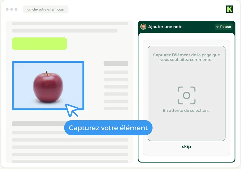 A client selects an element on the page to comment on it with the Kalinotes extension