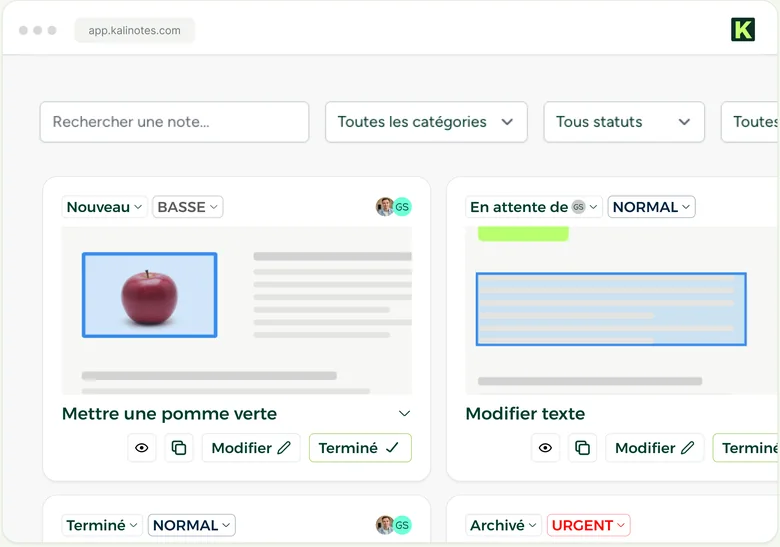 The Kalinotes dashboard brings together all the client's feedback