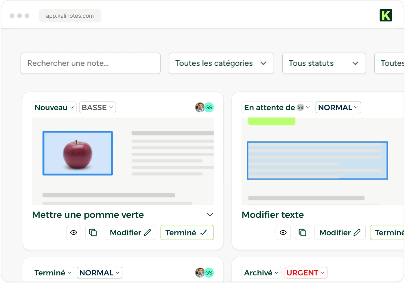 Le tableau de bord Kalinotes affichant les notes du client sous forme de cartes (statut, priorité, capture)